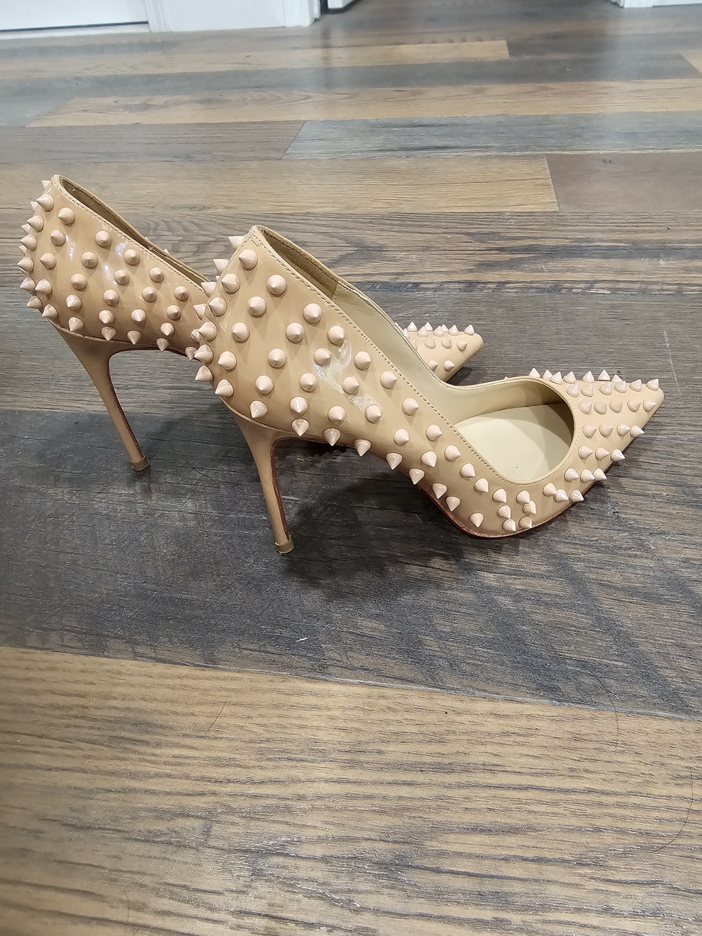 Kaitlyn Pan Studded Pointed-Toe Stiletto Pumps — Nude